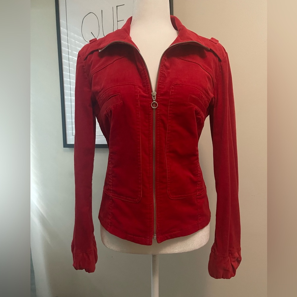 Red Corduroy Zip Up Fitted Jacket Size Medium